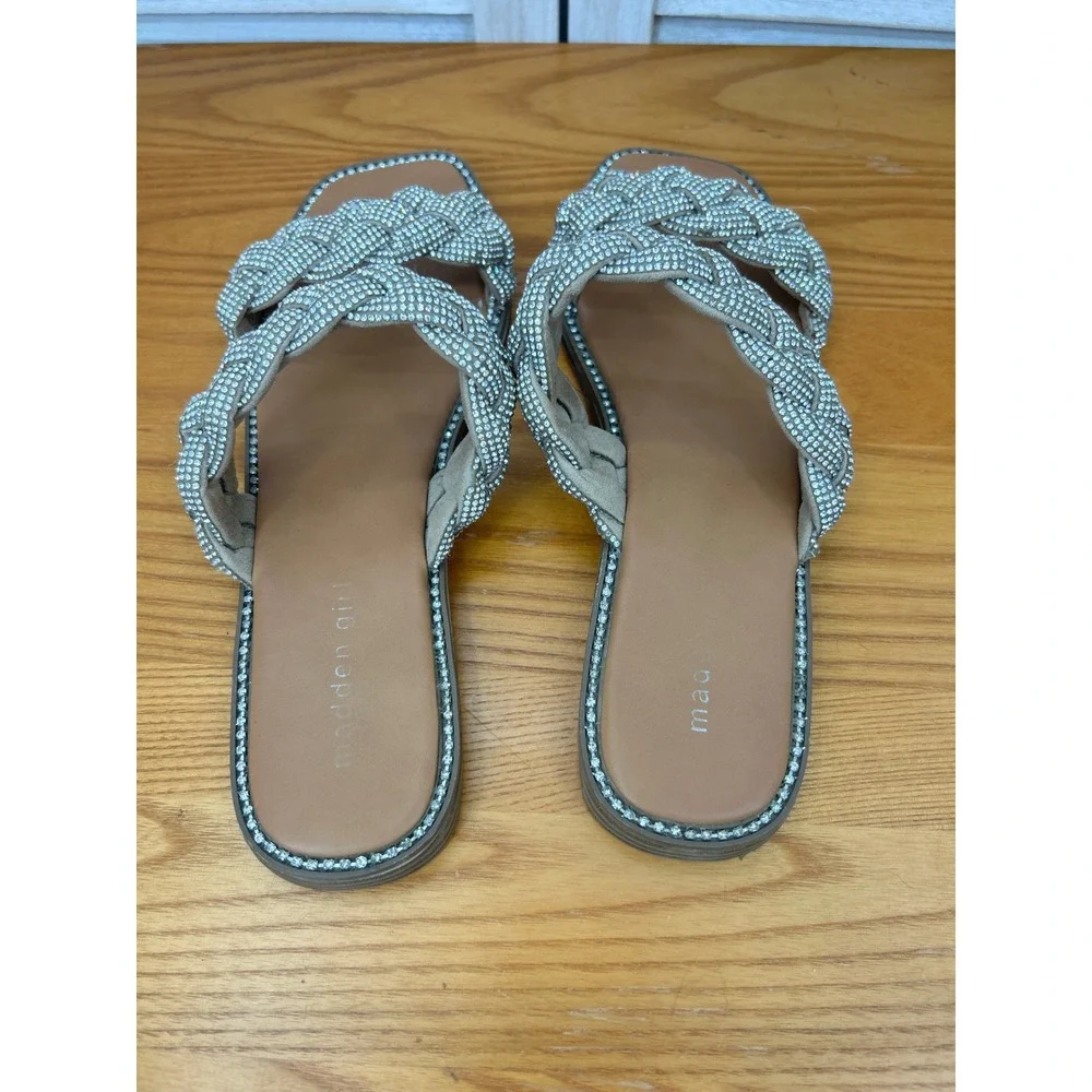 Madden Girl Brinley Sandals 10 Silver Womens Rhinestone Braided Slides